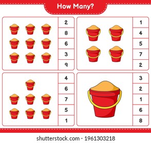 Counting Spiel, wie viele Sand Bucket. Kinderspiel, druckbares Arbeitsblatt, Vektorgrafik