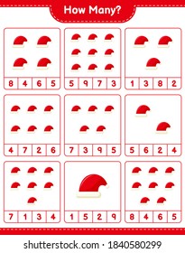 Counting game, how many Santa Hats. Educational children game, printable worksheet, vector illustration