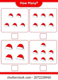 Counting game, how many Santa Hat. Educational children game, printable worksheet, vector illustration