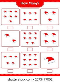Counting game, how many Santa Hat. Educational children game, printable worksheet, vector illustration