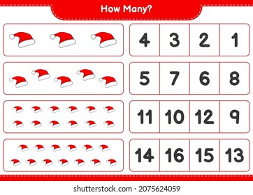Counting game, how many Santa Hat. Educational children game, printable worksheet, vector illustration