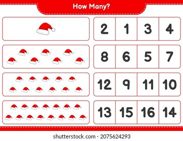 Counting game, how many Santa Hat. Educational children game, printable worksheet, vector illustration