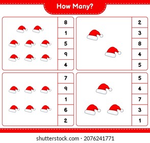 Contando el juego, cuántos Santa Hat. Juego infantil educativo, hoja de cálculo imprimible, ilustración vectorial