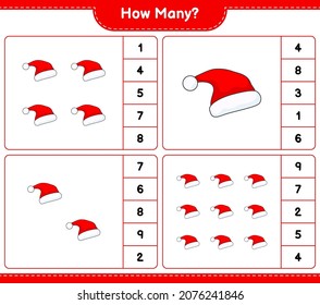 Counting game, how many Santa Hat. Educational children game, printable worksheet, vector illustration