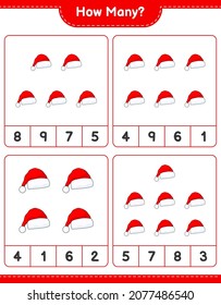 Counting game, how many Santa Hat. Educational children game, printable worksheet, vector illustration