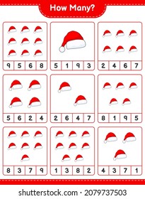 Contando el juego, cuántos Santa Hat. Juego infantil educativo, hoja de cálculo imprimible, ilustración vectorial