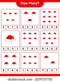 Contando el juego, cuántos Santa Hat. Juego infantil educativo, hoja de cálculo imprimible, ilustración vectorial
