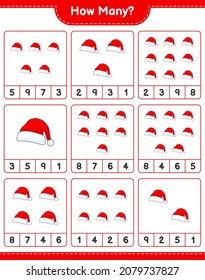 Contando el juego, cuántos Santa Hat. Juego infantil educativo, hoja de cálculo imprimible, ilustración vectorial