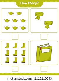 Counting-Spiel, wie viele Scarf, Book, Rubber Boots und Teapot. Kinderspiel, druckbares Arbeitsblatt, Vektorgrafik