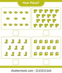 Counting game, how many Scarf, Book, Rubber Boots, and Teapot. Educational children game, printable worksheet, vector illustration