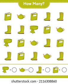 Juego de conteo, cuántos Scarf, Book, Rubber Boots y Teapot. Juego infantil educativo, hoja de cálculo imprimible, ilustración vectorial