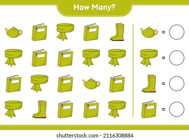 Counting game, how many Scarf, Book, Rubber Boots, and Teapot. Educational children game, printable worksheet, vector illustration