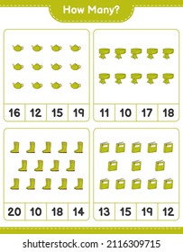 Counting game, how many Scarf, Book, Rubber Boots, and Teapot. Educational children game, printable worksheet, vector illustration