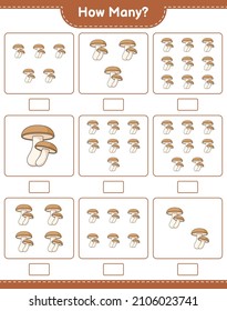 Contando el juego, cuántos Shiitake. Juego infantil educativo, hoja de cálculo imprimible, ilustración vectorial