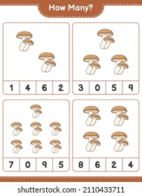 Counting game, how many Shiitake. Educational children game, printable worksheet, vector illustration