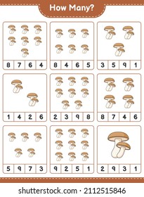 Contando el juego, cuántos Shiitake. Juego infantil educativo, hoja de cálculo imprimible, ilustración vectorial