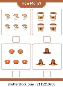 Counting game, how many Shiitake, Hat, Pie, and Coffee Cup. Educational children game, printable worksheet, vector illustration