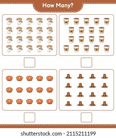 Counting game, how many Shiitake, Hat, Pie, and Coffee Cup. Educational children game, printable worksheet, vector illustration