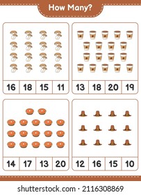 Counting game, how many Shiitake, Hat, Pie, and Coffee Cup. Educational children game, printable worksheet, vector illustration