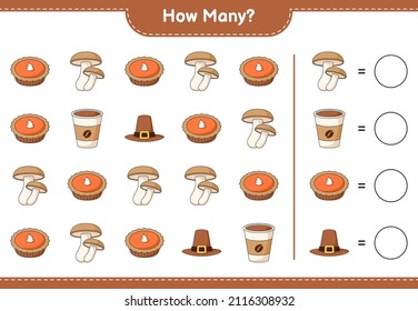 Counting game, how many Shiitake, Hat, Pie, and Coffee Cup. Educational children game, printable worksheet, vector illustration