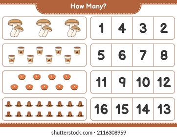 Counting game, how many Shiitake, Hat, Pie, and Coffee Cup. Educational children game, printable worksheet, vector illustration