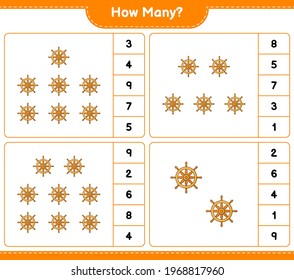 Counting game, how many Ship Steering Wheel. Educational children game, printable worksheet, vector illustration