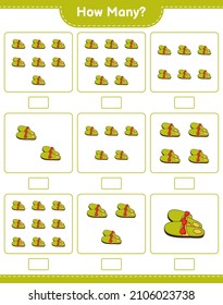 Contando el juego, cuántas zapatillas. Juego infantil educativo, hoja de cálculo imprimible, ilustración vectorial