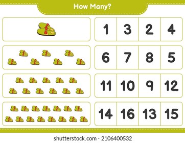 Counting game, how many Slippers. Educational children game, printable worksheet, vector illustration