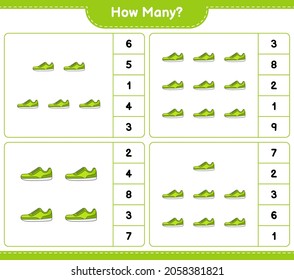 Contando el juego, cuántos Sneaker. Juego infantil educativo, hoja de cálculo imprimible, ilustración vectorial