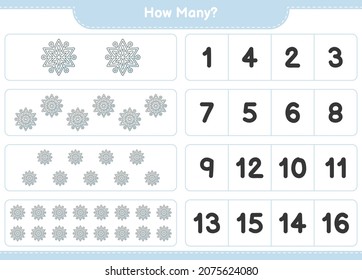 Counting game, how many Snowflake. Educational children game, printable worksheet, vector illustration