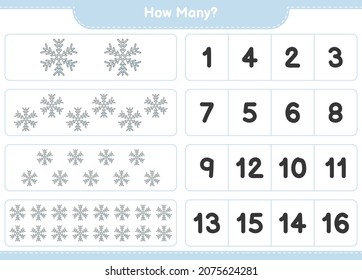 Counting game, how many Snowflake. Educational children game, printable worksheet, vector illustration