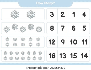 Counting game, how many Snowflake. Educational children game, printable worksheet, vector illustration