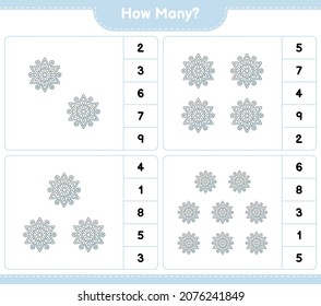 Counting game, how many Snowflake. Educational children game, printable worksheet, vector illustration