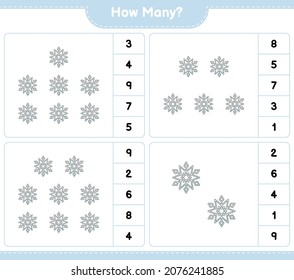 Counting game, how many Snowflake. Educational children game, printable worksheet, vector illustration