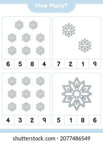 Contando el juego, cuántas copas de nieve. Juego infantil educativo, hoja de cálculo imprimible, ilustración vectorial