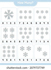 Contando el juego, cuántas copas de nieve. Juego infantil educativo, hoja de cálculo imprimible, ilustración vectorial