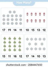 Counting game, how many Snowflake, Christmas Ball, and Gift Box. Educational children game, printable worksheet, vector illustration