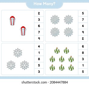 Counting game, how many Snowflake, Christmas Ball, and Gift Box. Educational children game, printable worksheet, vector illustration