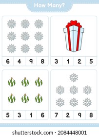 Counting game, how many Snowflake, Christmas Ball, and Gift Box. Educational children game, printable worksheet, vector illustration