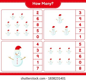 Counting Spiel, wie viele Snowman. Kinderspiel, druckbares Arbeitsblatt, Vektorgrafik