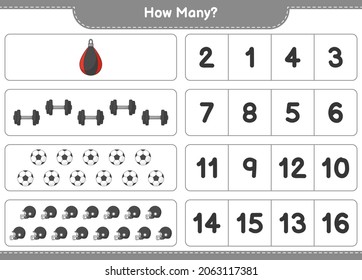 Counting game, how many Soccer Ball, Football Helmet, Dumbbell, and Punching Bag. Educational children game, printable worksheet, vector illustration