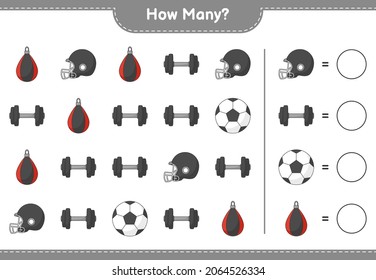 Counting game, how many Soccer Ball, Football Helmet, Dumbbell, and Punching Bag. Educational children game, printable worksheet, vector illustration