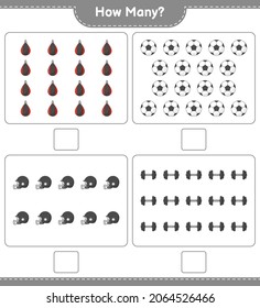 Counting game, how many Soccer Ball, Football Helmet, Dumbbell, and Punching Bag. Educational children game, printable worksheet, vector illustration