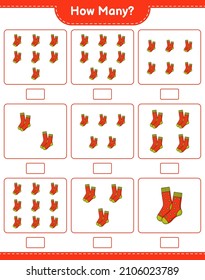 Contando el juego, cuántos Socks. Juego infantil educativo, hoja de cálculo imprimible, ilustración vectorial