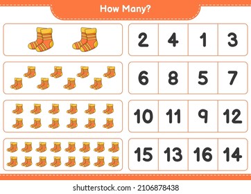 Contando el juego, cuántos Socks. Juego infantil educativo, hoja de cálculo imprimible, ilustración vectorial
