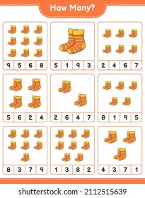 Zählspiel, wie viele Socken. Kinderspiel, druckbares Arbeitsblatt, Vektorgrafik