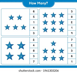 Contando el juego, cuántos Starfish. Juego infantil educativo, hoja de cálculo imprimible, ilustración vectorial