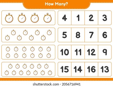 Counting game, how many Stopwatch. Educational children game, printable worksheet, vector illustration
