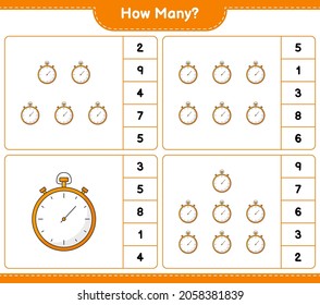 Counting game, how many Stopwatch. Educational children game, printable worksheet, vector illustration