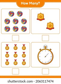 Counting game, how many Stopwatch, Trophy, and Volleyball. Educational children game, printable worksheet, vector illustration